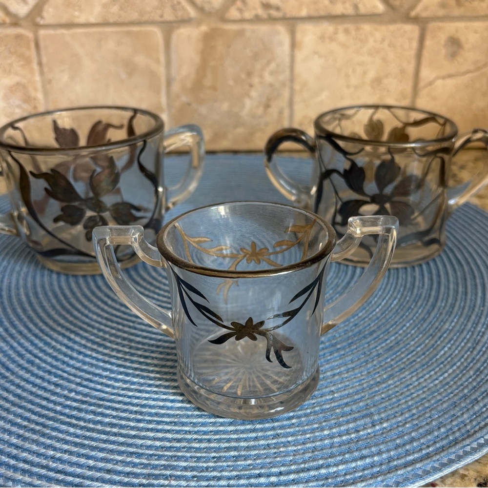 Vintage Glass and Silver Overlay Cups Mugs Serving Floral  for Elegant Dining